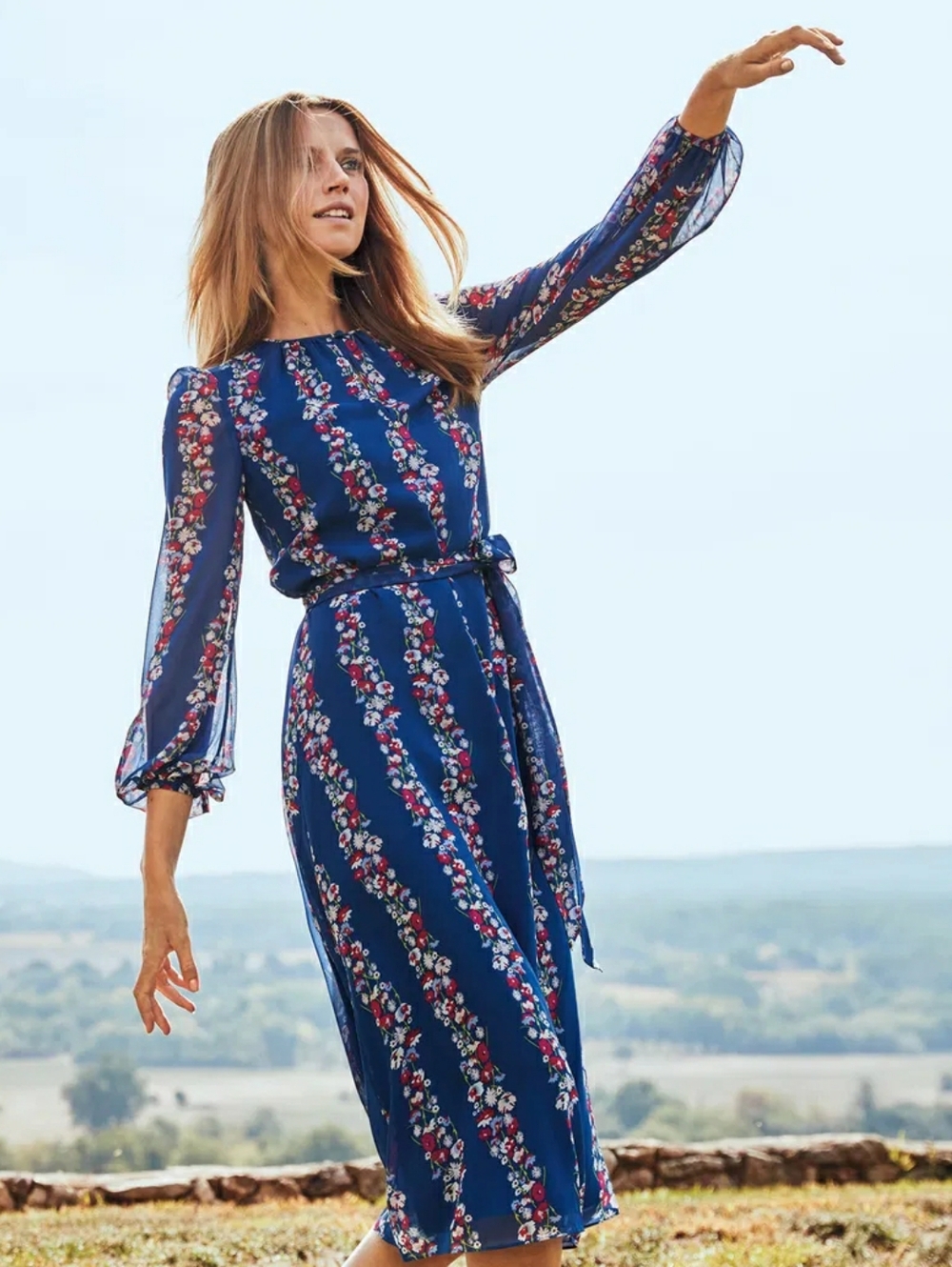 Boden Dress Kathleen Blue Floral Midi Lined Party Office Long Sleeve Size 8R